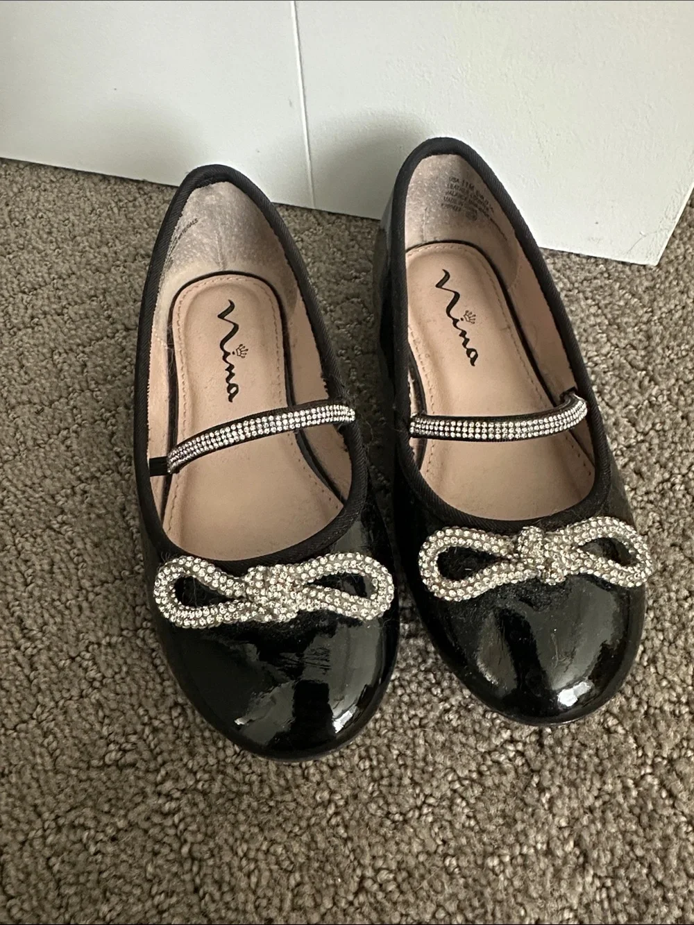 Nina Black Patent Girls Dress Shoes with Rhinestone Bow